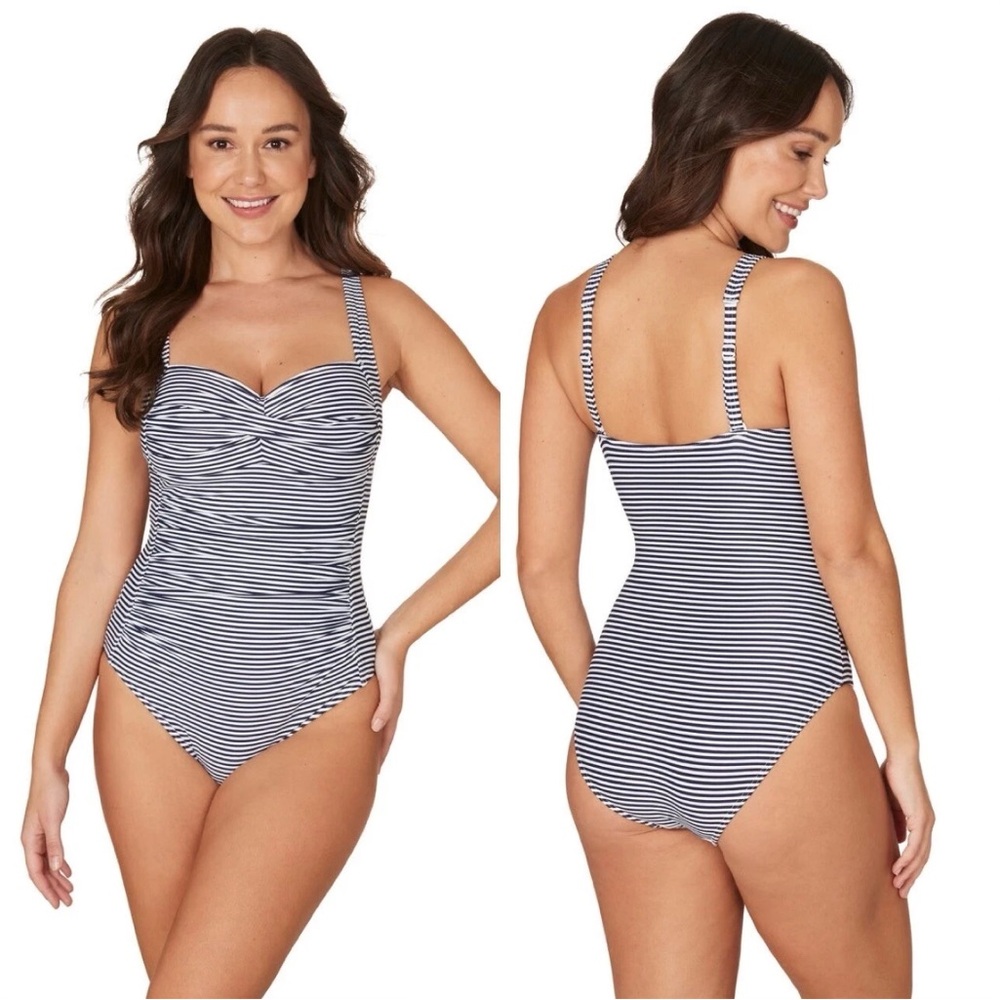 Nip Tuck-10- blue & white striped Joanne one piece swimsuit with tummy control.